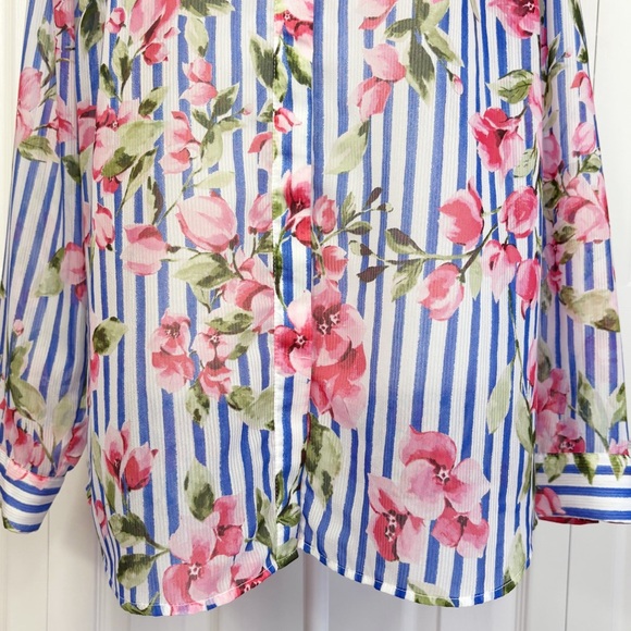 Talbots Sheer Floral Blue Stripe Print Long Sleeve Button Down Shirt XL - Picture 10 of 16